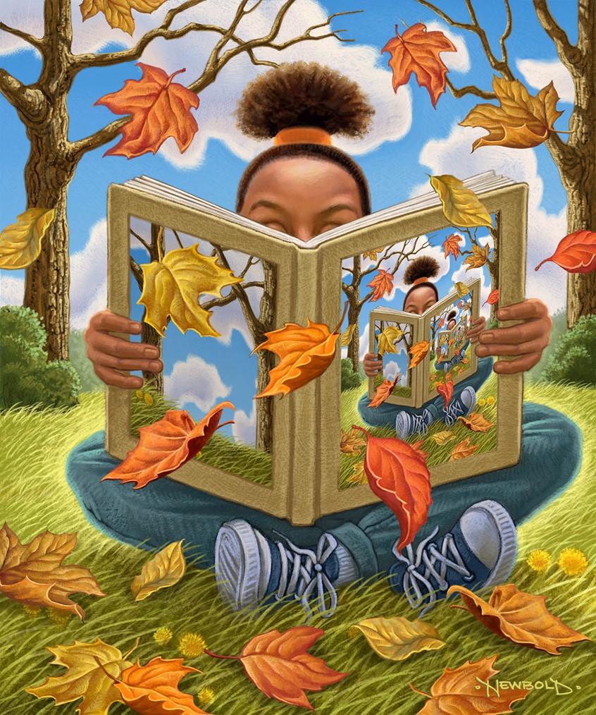 illustration of Wall Street Journal Fall Children's book review feature illustration for a group of books dealing with ethnic and cultural diversity. Showing the importance of diverse readers seeing themselves in the book. fall leaves read reading outdoor grass tree