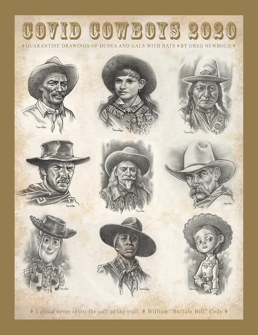 illustration of This was a self initiated drawing project to engage me during the Covid lockdown of 2020. I decided to draw black and white cowboy portraits of all types from real life cowboys to the Hollywood types to animated characters. I posted them on my social media and eventually took my favorites and created a print to commemorate my coronavirus drawing pursuits. graphite classic hat portraits famous actors historical figures western realism realistic faces
