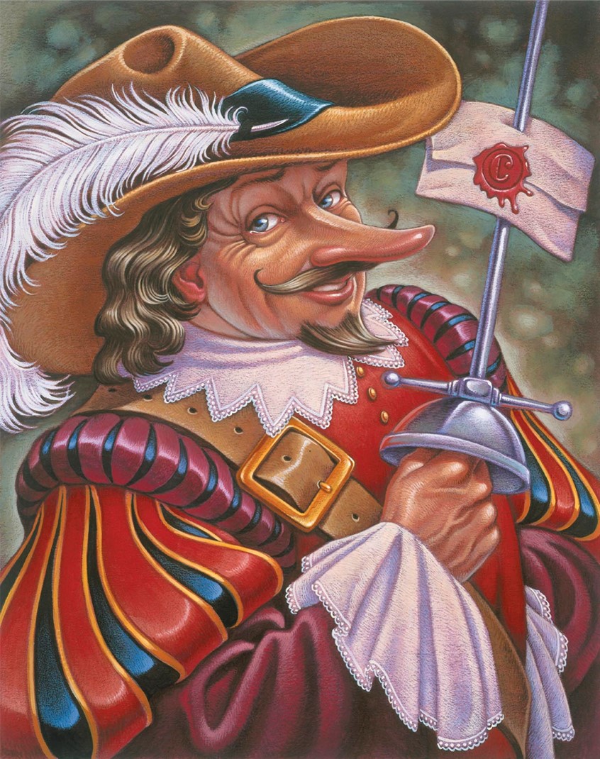 illustration of Theater playbill and poster art for a stage production of the play Cyrano de Bergerac. Musketeer sword swordplay letter humor fun funny drama costume historical classic classical feather hat caricature novel color colorful portrait face figurative realism stylized magazine banner