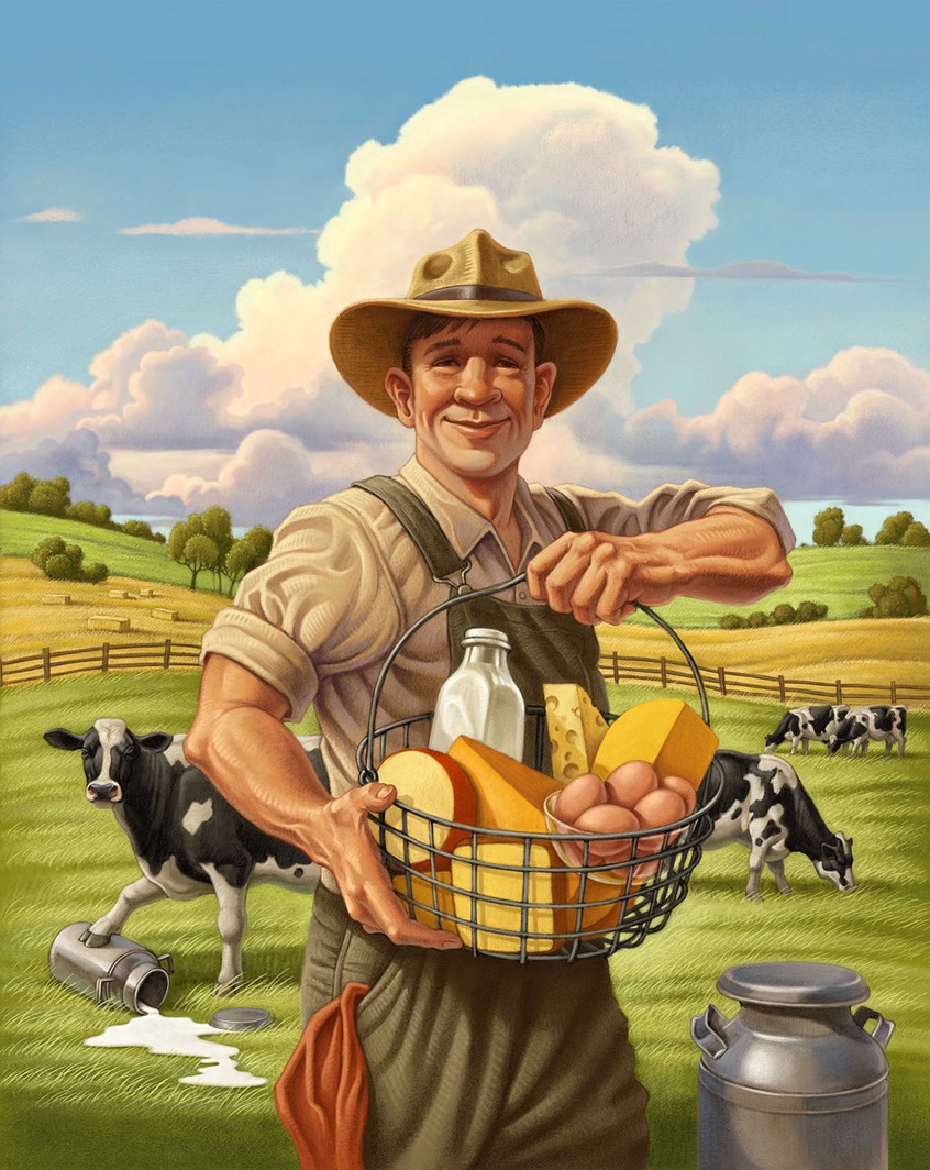 illustration of Part of an advertising campaign marketing technology that verifies food safety from farm to table. Focus was on the various farm products from produce to meat done in a classic retro Americana approach. farm bucolic realism stylized cow bull pasture clouds agriculture food farmer dairy milk cheese eggs portrait figure realistic face man