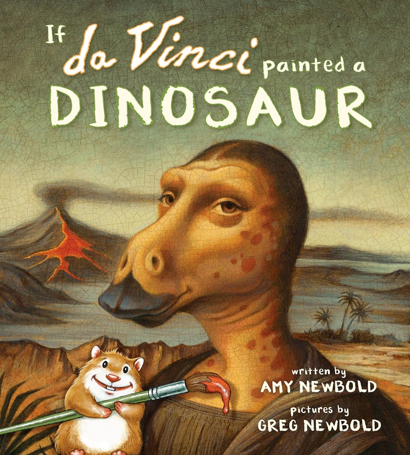 illustration of Cover for a picture book that introduces children to the styles of nineteen famous artists by imagining how they may have painted a dinosaur. The goal is to inspire creativity and imagination as well as awareness of the endless different styles possible when you decide to create. Included are a variety of homage and parody paintings by artists such as Franz Marc, Frida Khalo Warhol Matisse and more. dinosaur humor animal picture book hamster volcano classical old masters contemporary art