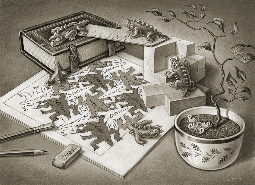 illustration of interior spread for a picture book that introduces children to the styles of sixteen famous artists by imagining how they may have painted a Monster. The goal is to inspire creativity and imagination as well as awareness of the endless different styles possible when you decide to create. Included are a variety of homage and parody paintings by artists such as MC Escher, Monet, Frida Khalo, Whistler and more. monster humor animal picture book hamster classical contemporary art creepy fun