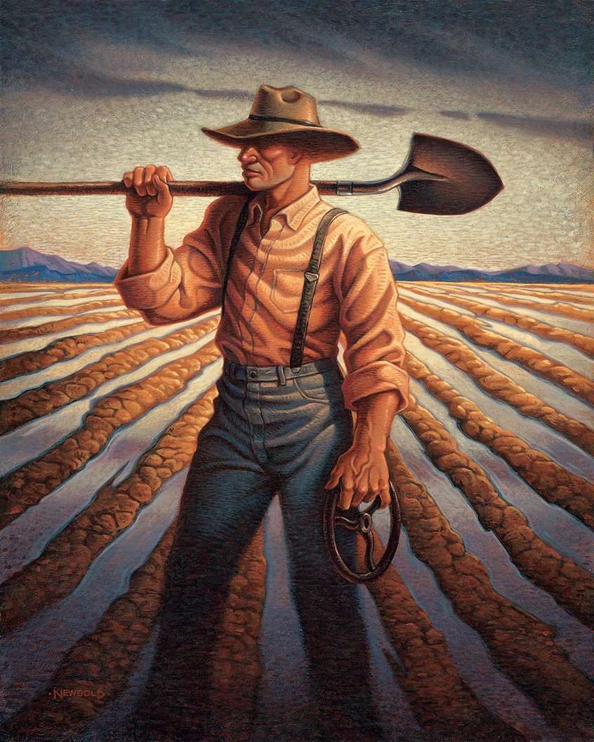 illustration of Gallery fine art painting celebrating the agricultural heritage of America. The everyman farmer looks over the irrigation of one of his fields after opening the weir gate to release the water in to the furrows. Americana worker work farm farming classic nostalgia nostalgic figurative figure portrait icon iconic shovel hat period costume rural landscape
