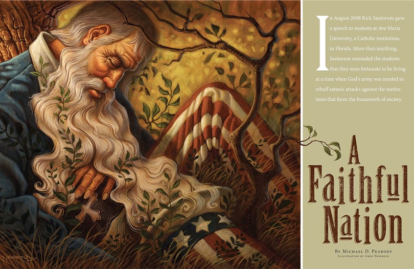 illustration of Editorial article on how faith and religion play a continuing role in shaping the policies and future of our nation. Rip Van Winkle Uncle Sam bible spiritual spirituality Americana American patriot patriotism muted palette stars and stripes controversy founding fathers constitution government concept conceptual symbolism nature old man whiskers