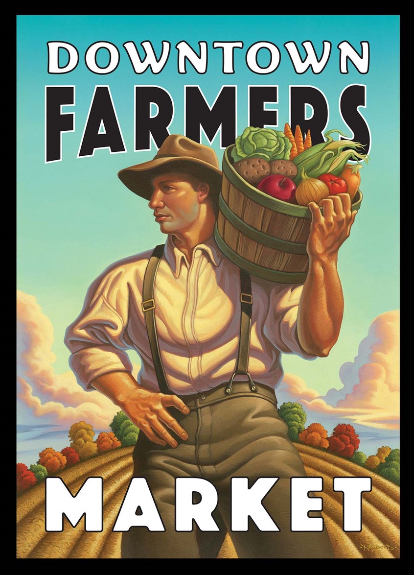 illustration of Farmer's Market logo poster. Painting was originally done as an American diner restaurant menu cover but then licensed as the identity of a Farmer's Market. The heroic retro Americana nature of this figure echoes the roots of our national culture of hard work, self sufficiency and living off the land. This farmer is the everyman symbol of what built a country. agriculture farming farm produce iconic basket vegetables portrait stylized realism advertising marketing identity