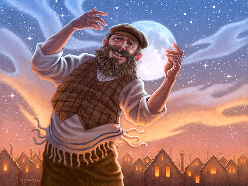 illustration of Theater poster and playbill art for a stage production of Fiddler on the Roof. Classic classical Tevye night moonlight moon backlit dramatic sunset lighting historical historic costume drama architecture house figure figurative portrait face people man beard hat cloud clouds whimsy whimsical humor