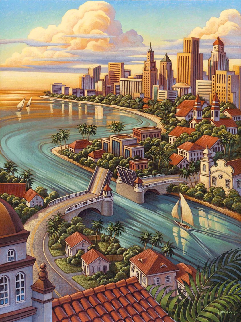 illustration of Cityscape depicting the urban Florida coastline similar to that of Miami painted for the Florida association of Realtors. The image appeared on posters, brochures and associated marketing materials as well as on site banners for the annual convention. Americana vintage classic classical inviting coast beach city urban architecture bridge boat sailboat ocean sunset clouds city skyline aerial view