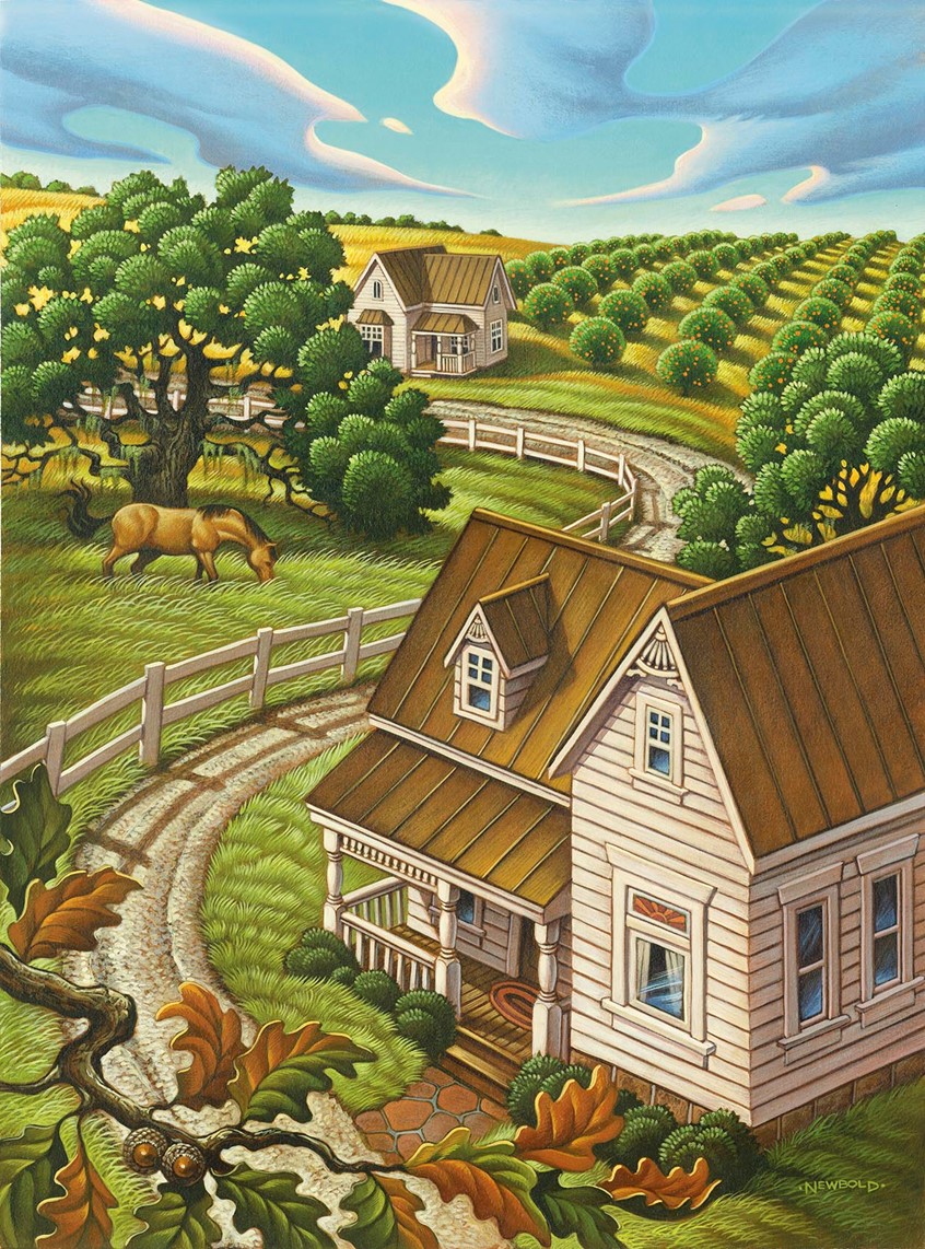 illustration of Classic scene depicting the rural Florida countryside painted for the Florida association of Realtors. The image appeared on posters, brochures and associated marketing materials as well as on site banners for the annual convention. Americana vintage classic classical inviting orchard farm farmhouse vintage icon iconic horse live oak orange grove clouds aerial view