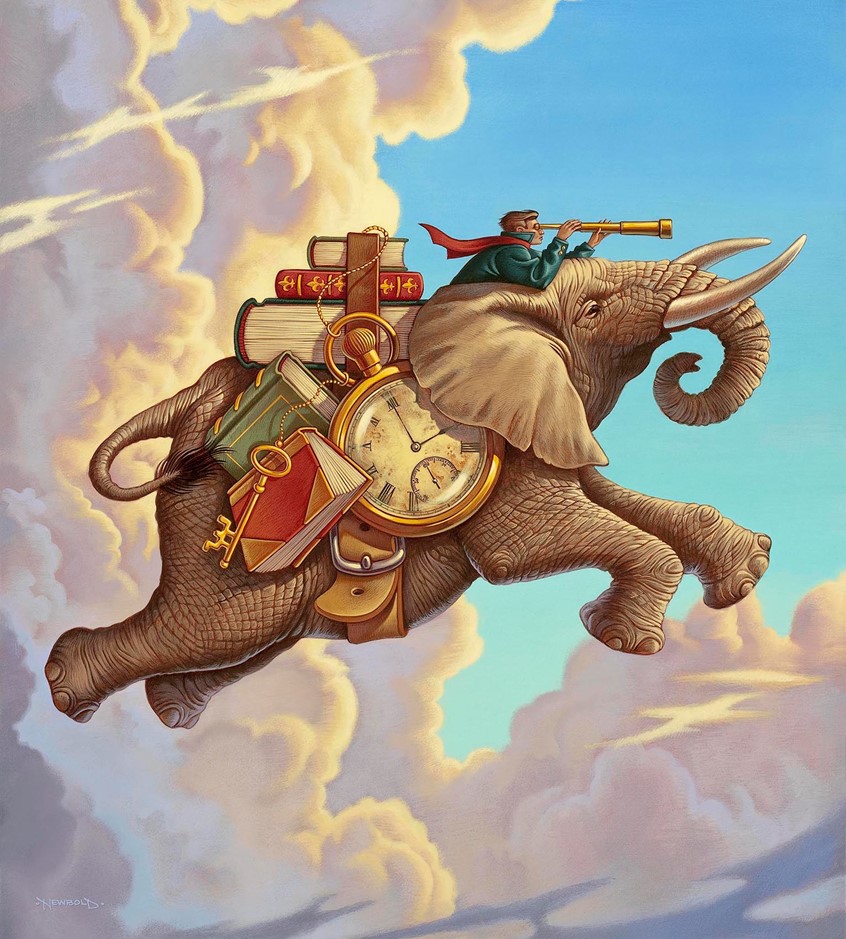 illustration of Poster originally done for Brodart book distributors but eventually licensed for multiple uses including appearing on the cover of Publisher's Weekly. Fantasy elephant flying book books telescope adventure flight clouds cloud watch time imagination imagine fly fun humor mystery