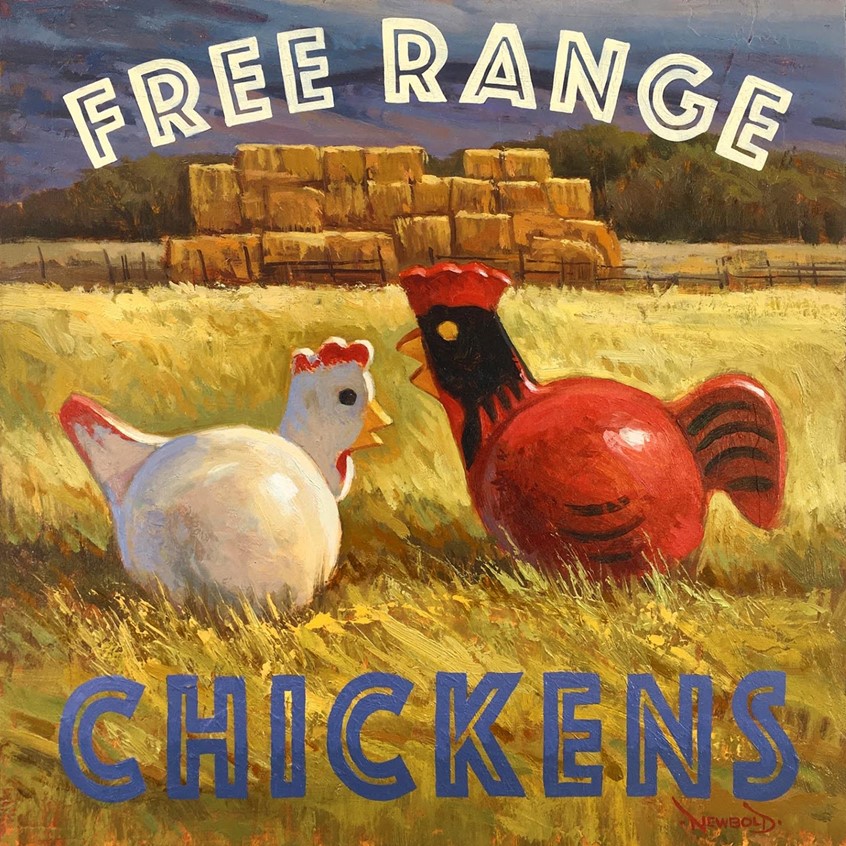 illustration of Fine art gallery piece playing on the contrast of vintage toys and a realistic landscape of grass and haystacks whimsy humor toy toys retro lettering classic Fisher Price fun funny clever charming chicken chickens rooster painterly oil painting poster