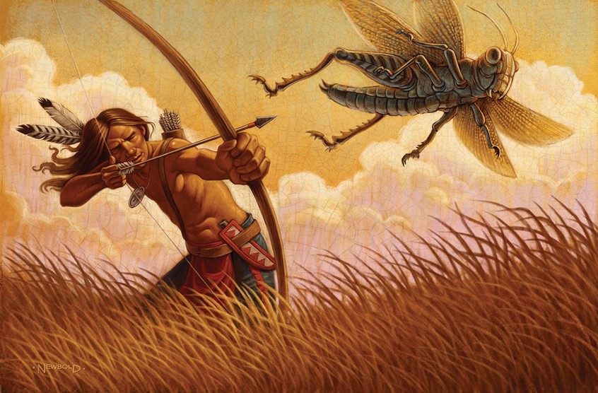 illustration of Editorial illustration for Boys' Life magazine for a fiction story about the Native American Chief Crazy Horse and how he became an expert archer by shooting grasshoppers in flight. Gold Award winner from the Society of Illustrators Los Angeles. figurative historical portrait animal action adventure dramatic yellow warm anatomy nature hunt hunting archery outdoor wildlife clouds bow arrow silhouette masculine men