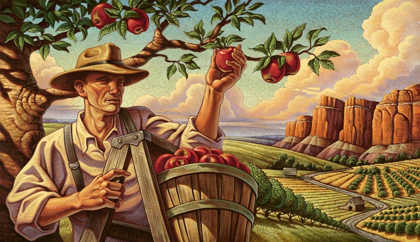 illustration of Painting done for Salt Lake Farmer's Market set in an apple orchard near Capitol Reef National Park. This retro inspired farmer evokes a hard working timeless Americana regionalist vibe. red rock cliffs clouds orchard apple trees produce farm agriculture packaging poster iconic icon everyman basket work worker labor grow grower grocery field fields tradition