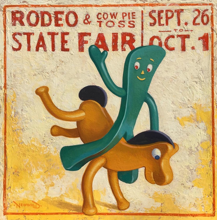 illustration of Fine art gallery piece playing on the contrast of vintage toys and a parody of an old rodeo poster. whimsy whimsical humor toy toys retro lettering classic Gumby Pokey fun funny clever charming horse painterly acrylic painting poster texture