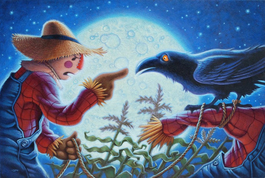 illustration of Unpublished children's book illustration about a scarecrow that is frightened of everything. picture book cover Halloween moonlight action creepy fun scary kid friendly moon night nocturnal stars farmer farm vintage classic adventure stylized whimsical acrylic Holiday Halloween crow crows