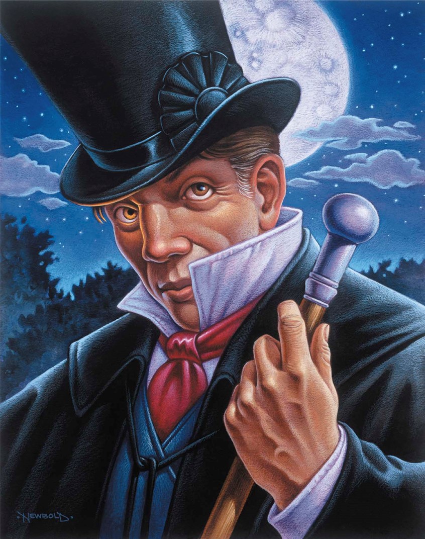 illustration of Theater playbill and poster art for a stage production of the play Dr. Jekyll and Mr. Hyde. The glow in Hyde's right eye hints at his split personality. mystery moon moonlight period costume historic historical classic drama figure figurative portrait face people spooky creepy atmosphere gentleman cane hand