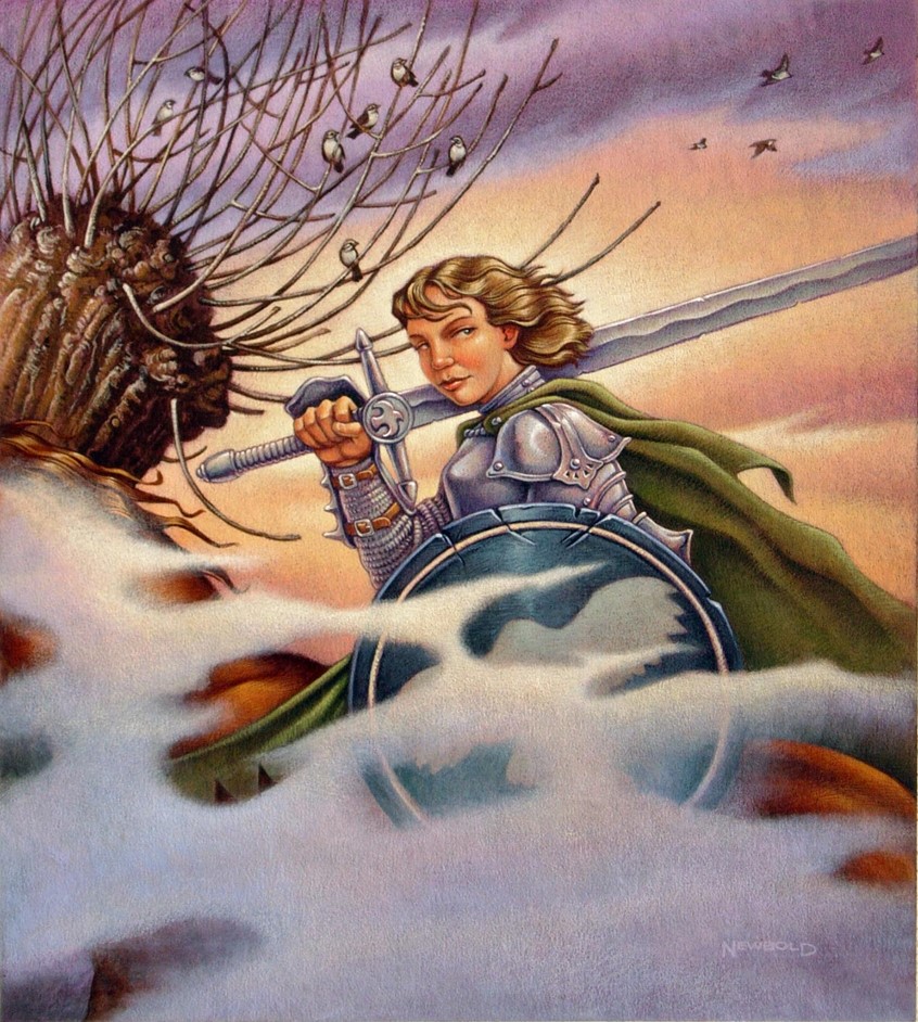 illustration of Book cover for the fantasy novel Protector of the Small by Tamora Pierce. in which young female knight Kel faces her most difficult test yet. mystery adventure action fantasy medieval sword sorcery classic coming of age young adult stylized drama female heroine figurative armor historical costume