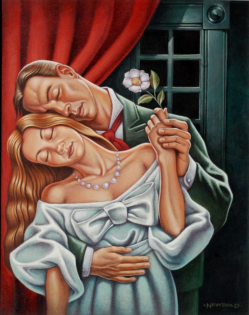 illustration of Theater playbill and poster art for a stage production of the play The Lady of the Camellias based on the book by Alexandre Dumas and on which the opera La Traviata is also based.Classic romance tragic tragedy romantic love couple formal realism classic classical stylized embrace figure portrait figurative people