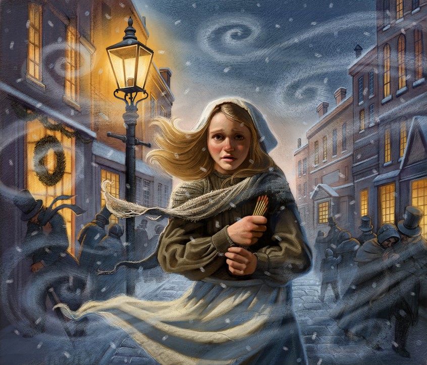 illustration of Interior illustration for The Little Match Girl, a children's book version of the classic story by Hans Christian Andersen about a destitute young girl selling matches on Christmas Eve and the wonders she envisions. fantasy heartwarming holiday magical uplifting figurative portrait traditional stylized realism London street scene snow swirling cold winter lamppost period costume historical