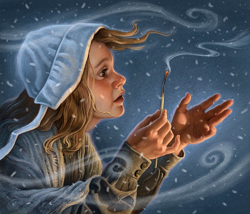illustration of Interior illustration for The Little Match Girl, a children's book version of the classic story by Hans Christian Andersen about a destitute young girl selling matches on Christmas Eve and the wonders she envisions. fantasy heartwarming holiday magical uplifting figurative portrait traditional stylized realism London street scene snow swirling cold winter lamppost period costume historical match smoke windy wind