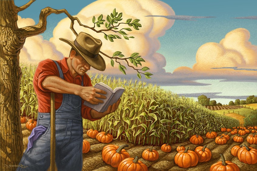 illustration of For the Wall Street Journal fall book review section. A fall harvest theme focusing on retro Americana with a vintage feel. A traditional hard working gamer takes a break from his work of the day to read a book. Reading, farm farmer worker labor laborer fall sky clouds field fields corn pumpkin pumpkins overalls hat tree stylized harvest