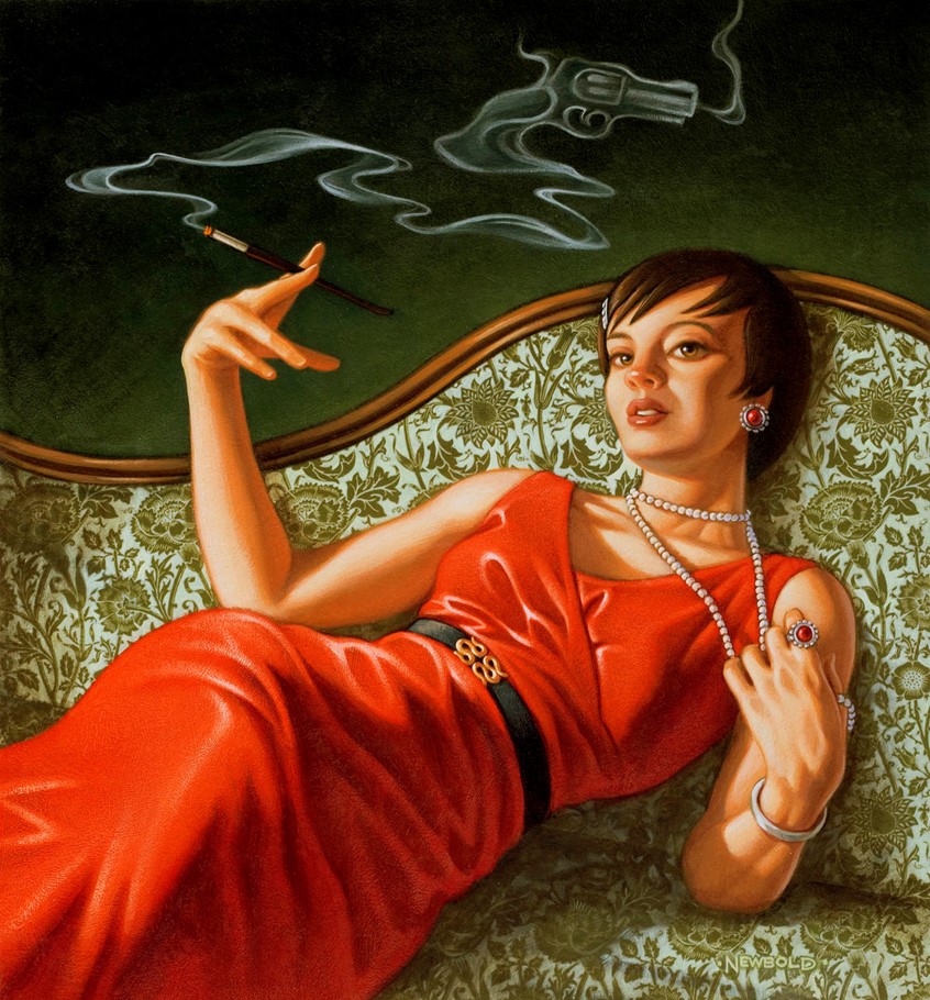 illustration of Public awareness campaign for Truth Against Tobacco in which I reimagined characters from the board game Clue and the end result that the smoke is what really killed them. library, smoking health science medical noir humor editorial concept conceptual monocle sexy woman seduction books gentry upper crust lounge couch pearls red dress