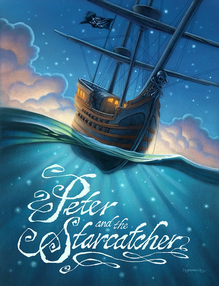 illustration of Theater poster and playbill art for the musical stage play Peter and the Starcatcher. I also designed the hand lettering and title treatment. pirate ship fantasy drama dramatic lighting mystery boat cloud clouds star stars night moonlight children's book cover licensing stylized water ocean vibrant color