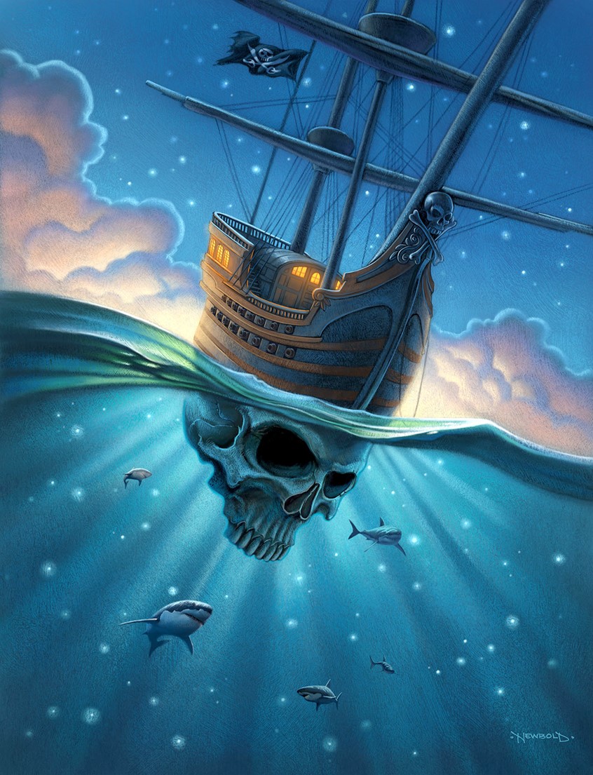 illustration of Unpublished alternate theater poster and playbill art for the musical stage play Peter and the Starcatcher. pirate ship fantasy drama dramatic lighting mystery boat cloud clouds star stars night moonlight children's book cover licensing stylized water ocean vibrant color creepy scary skull shark fantasy concept conceptual wave
