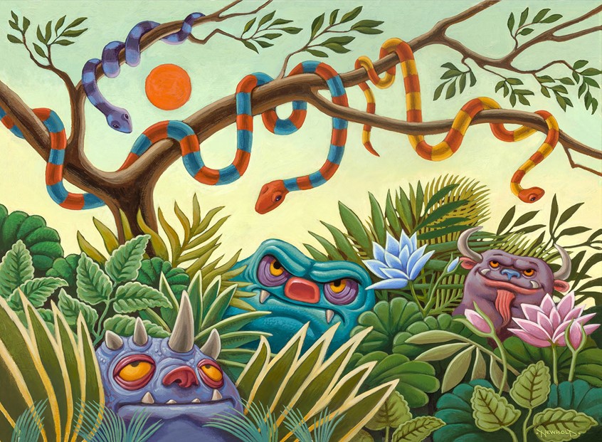 illustration of Interior for a picture book that introduces children to the styles of sixteen famous artists by imagining how they may have painted a Monster. The goal is to inspire creativity and imagination as well as awareness of the endless different styles possible when you decide to create. Included are a variety of homage and parody paintings by artists such as MC Escher, Monet, Frida Khalo, Whistler and more. monster humor animal picture book hamster classical old masters contemporary art creepy fun