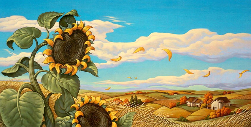 illustration of Spread from children's picture book Winter Lullaby which tells the story of where animals go when the weather turns cold and fall turns to winter. seasons autumn sunflower flower botanical plant agriculture farm farming landscape Americana retro regionalism regionalist sky cloud clouds grass wind blow leaves children's picture book stylized