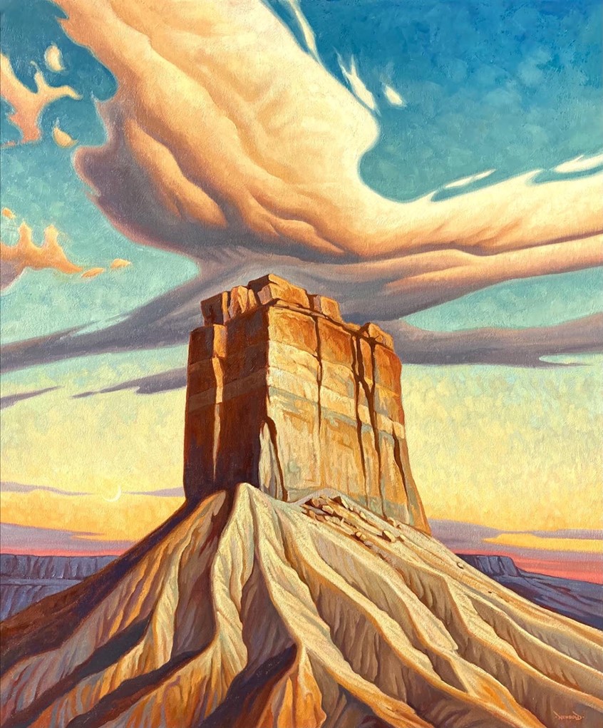 illustration of Skyward, a fine art gallery oil painting depicting a sandstone monolith typical of many of the rock formations that dot the desert landscape of the American Southwest. Sweeping skies full of clouds lift the eye skyward. sunset crescent moon geology layers erosion west western landscape rocks stone solid monument painterly brushwork texture