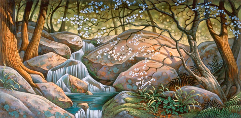 illustration of Spread from the picture book Spring Song which tells the story of animals emerging from their winter hibernation. nature bucolic lush woods detailed peaceful trees flowers tree flower shady stylized realism children's book children's