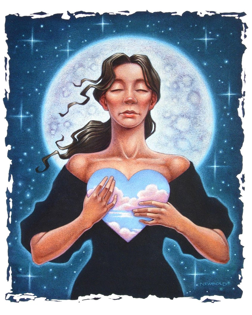 illustration of Poster and logo art for a design and advertising agency called Love Communications. portrait figure people fantasy heart stylized moon stars nocturne lovely quiet gentle wispy backlighting moody soft girl feminine greeting card