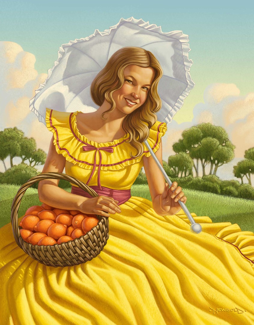 illustration of Packaging illustration for a citrus grower crate. the southern maiden theme is in full effect. produce grower grow grocery farmer farming fruit food orange tangerine tangelo cloud landscape spring summer umbrella parasol yellow fancy dress realistic portrait figurative people young girl classic