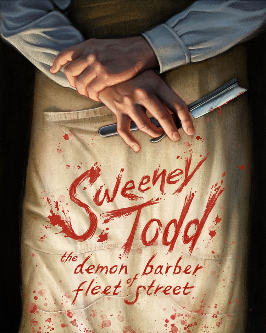 illustration of Theater playbill and poster art for a stage production of the play of Sweeney Todd: The Demon Barber of Fleet Street. Dark noir humor drama creepy blood bloody hand lettering logo custom script razor hand hands classic realism classical dramatic mystery mysterious splatter
