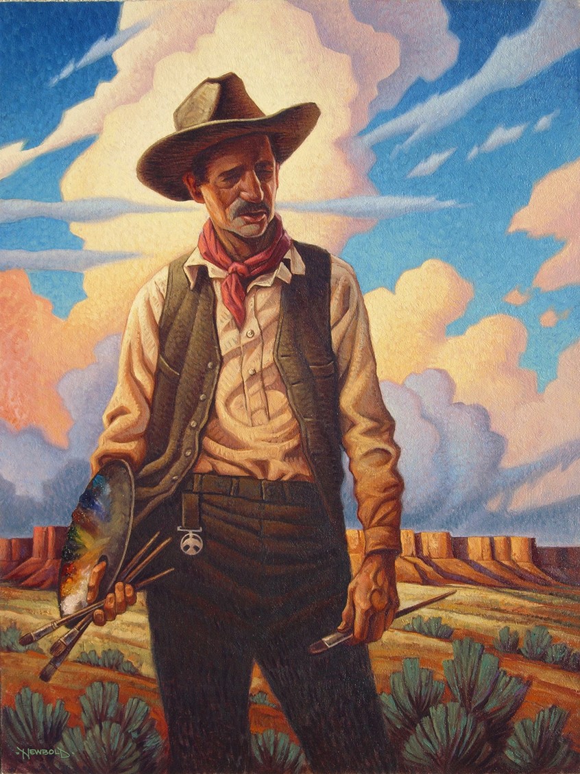 illustration of Self initiated portrait of American painter and artist Maynard Dixon in his desert element, Done in the style of early twentieth century covers for Sunset magazine. Southwest, red stone cliffs, clouds sage bush cowboy hat rugged heroic icon iconic poster Americana western bandana vest painterly oil painting figure figurative portrait people face thunderbird classic classical