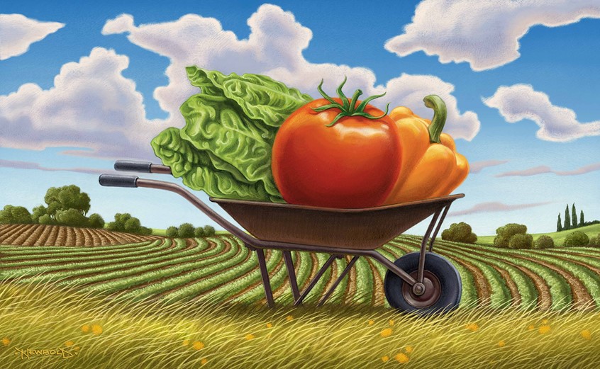 illustration of Part of an advertising campaign marketing technology that verifies food safety from farm to table. Focus was on the various farm products from produce to meat done in a very classic retro Americana approach. farm bucolic realism stylized cow bull pasture clouds agriculture food
