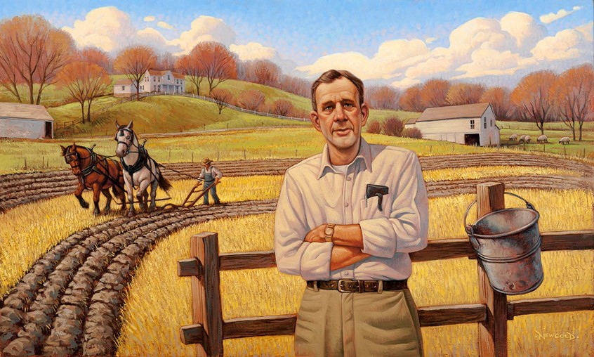 illustration of Portrait of American poet and environmentalist Wendell Berry. He stands with confidence beside a fence with the iconic bucket from one of his poems hanging on the rail. in the background spreads his homestead and farm as a farmer turns under the ground with a traditional horse drawn plow. Agriculture farming sustainable classic Americana bucolic vintage portrait figurative face people fall spring plowing farming