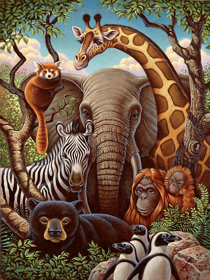 illustration of Poster and advertising art depicting animals in Utah's Hogle Zoo. Used for marketing and on site brochures for the summer tourism season. wildlife animals wild realism realistic nature giraffe elephant bear orangutan zebra penguin red panda tree trees texture rock rocks bucolic woods habitat detailed street banner