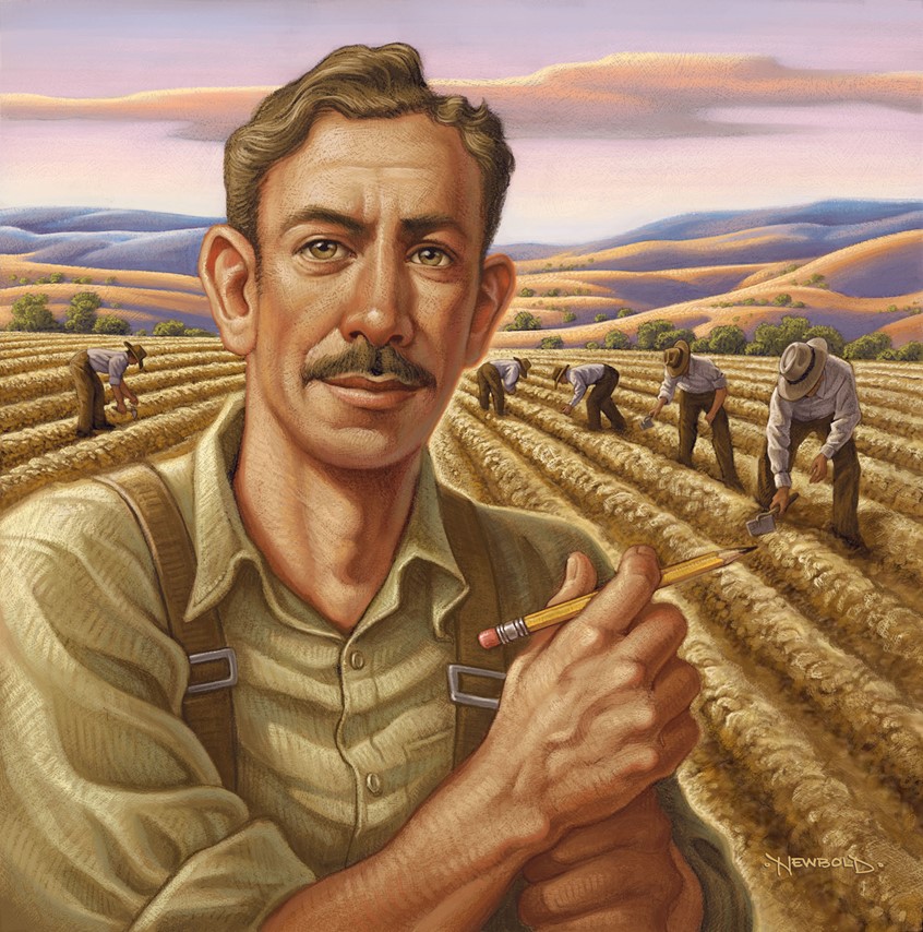 illustration of Illustration for the Wall Street Journal fall book review editorial article review of a new book on author John Steinbeck. Portrait field work worker farm farming agriculture landscape classic author writer figure figurative face portrait historical California sunset lighting western west labor laborer