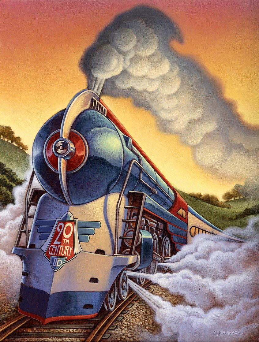 illustration of Theater poster fro a stage production of the play 20th Century. This piece also previously used (without the added logo) for an editorial article on the runaway costs of health and medical care. This iconic art deco style locomotive can symbolize moving ahead with full steam in any venture. railway travel engine railroad train track medical medicine icon adventure power