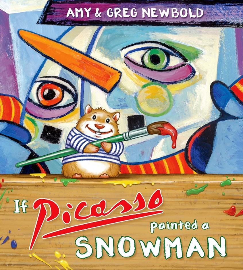 illustration of Cover for If Picasso Painted a Snowman in which we imagine what a snowman might look like if painted in the styles of seventeen famous artists. This book explores creativity for and individual expression for children (and adults) in a fun imaginative way. snowman painting drawing hamster animal cubism winter snow