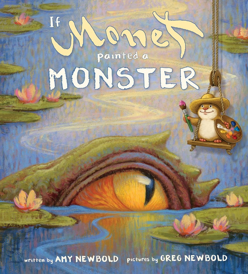 illustration of Cover for a picture book that introduces children to the styles of sixteen famous artists by imagining how they may have painted a Monster. The goal is to inspire creativity and imagination as well as awareness of the endless different styles possible when you decide to create. Included are a variety of homage and parody paintings by artists such as MC Escher, Monet, Frida Khalo, Whistler and more. monster humor animal picture book hamster classical old masters contemporary art creepy fun