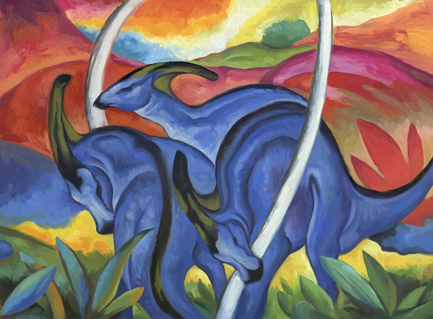 illustration of interior spread for a picture book that introduces children to the styles of nineteen famous artists by imagining how they may have painted a dinosaur. The goal is to inspire creativity and imagination as well as awareness of the endless different styles possible when you decide to create. Included are a variety of homage and parody paintings by artists such as Franz Marc, Frida Khalo Warhol Matisse and more. dinosaur humor animal picture book volcano classical