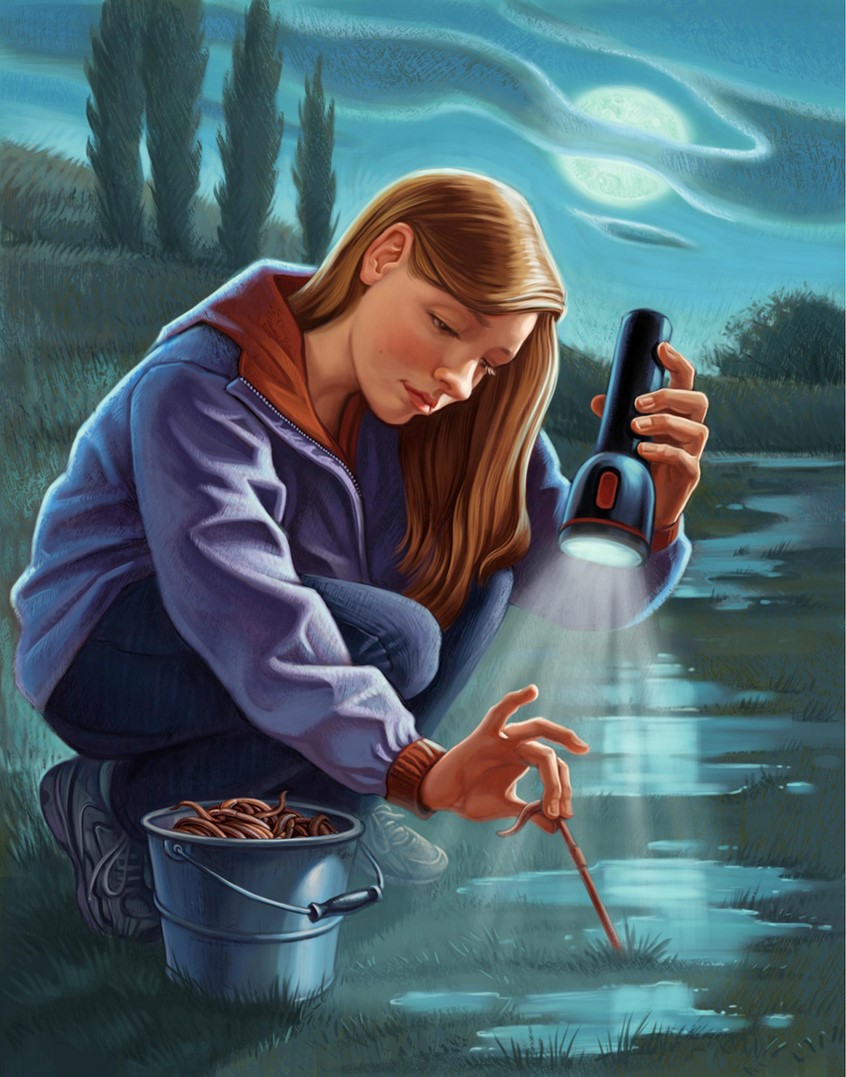 illustration of Editorial illustration for a story about a girl who would hunt worms to sell to fishermen to make money. digital night moon worm bucket flashlight dramatic light figurative cool palette mysterious reflection clouds