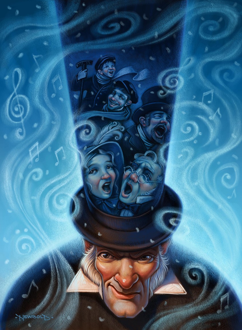 illustration of Theater playbill and poster art for a stage production of the musical play A Christmas Carol.
Holiday classic classical stylized music notes snow swirl old ,man top hat singing graphic advertising whimsy whimsical humor classic classical texture
