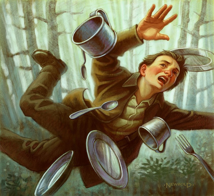 illustration of Editorial illustration for No See Um and the River, a featured period fiction piece in Boys' Life Magazine.historical costume action peril limited palette camping fall falling trip boy camp woods trees chaos danger drama