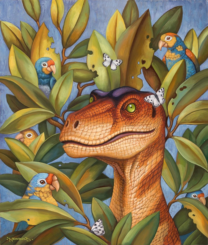 illustration of interior spread for a picture book that introduces children to the styles of nineteen famous artists by imagining how they may have painted a dinosaur. The goal is to inspire creativity and imagination as well as awareness of the endless different styles possible when you decide to create. Included are a variety of homage and parody paintings by artists such as Franz Marc, Frida Khalo Warhol Matisse and more. dinosaur humor animal picture book classical parrot parrots leaves tropical