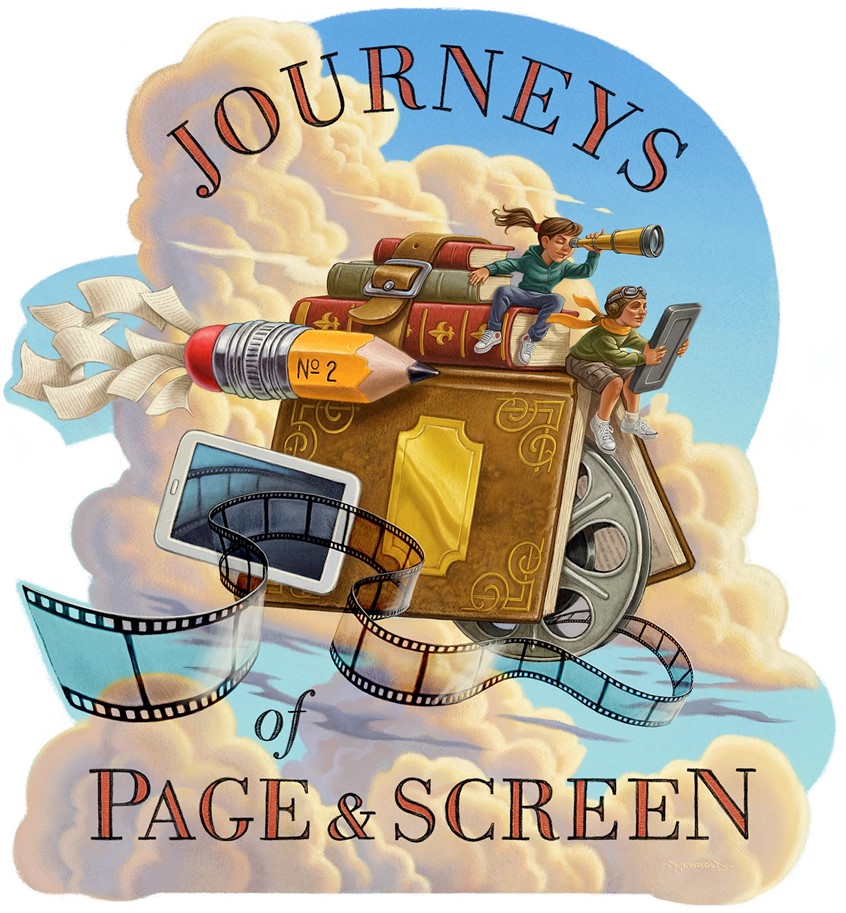 illustration of Table top card for Barnes & Noble in store display. A fantastical imaginary journey taken by two kids to discover the books that their favorite films were based upon. fantasy, flight flying cloud clouds book books film tablet phone telescope aviator goggles scarf pencil