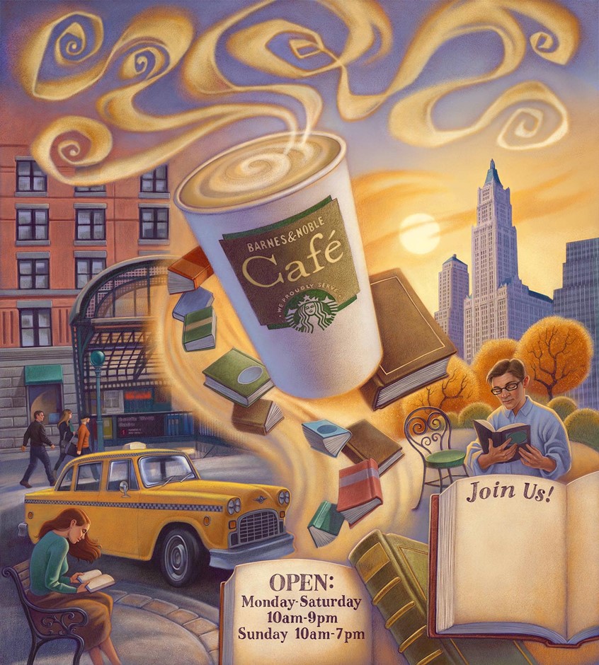 illustration of Full window mural for the Tribeca retail location of Barnes & Noble. The semi transparent illustration was applied to the full two story facade window of the store and was backlit at night. New York NYC Tribeca neighborhood book books bookstore mural city cityscape taxi read reading architecture building drink coffee Starbucks steam fantasy designed