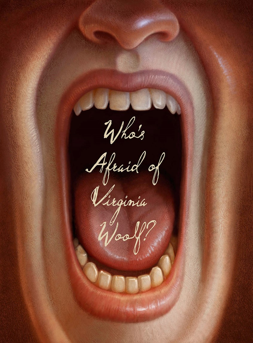 illustration of Conceptual theater poster and playbill for Who's Afraid of Virginia Woolf. face mouth scream teeth lettering design advertising edgy loud angry stage play classic